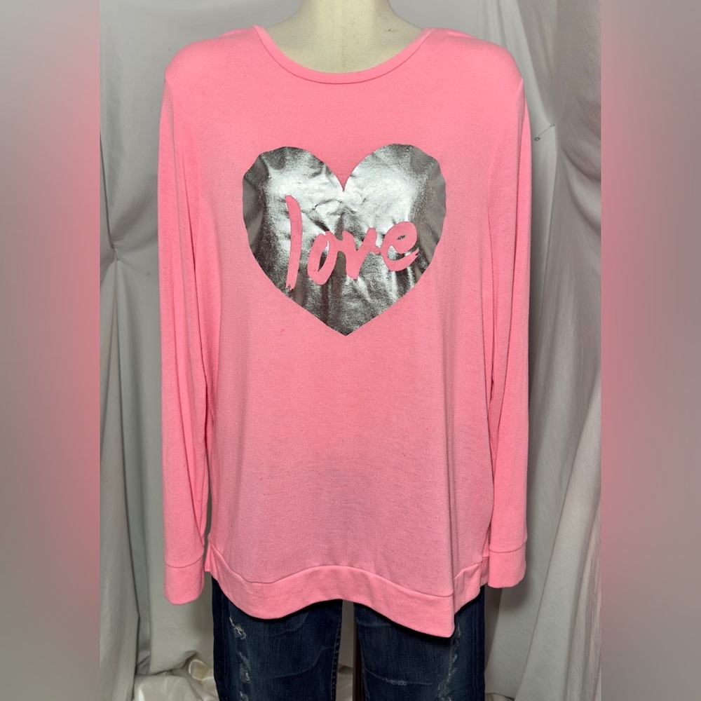 Pink Long Sleeve “Love” Top with Silver Metallic Heart Design XXL